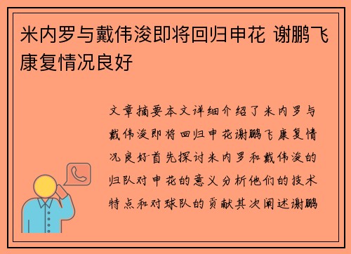 米内罗与戴伟浚即将回归申花 谢鹏飞康复情况良好